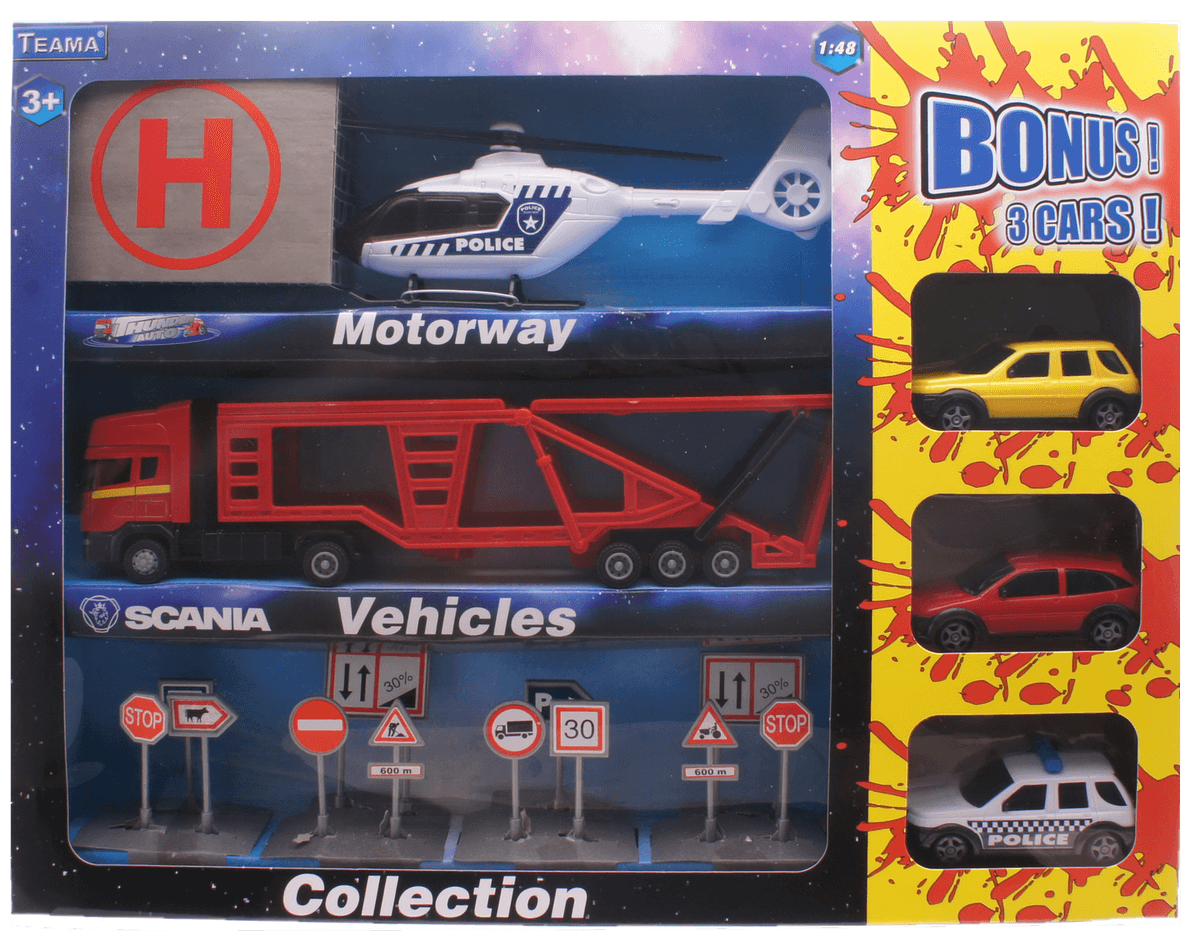 Gavesett med Biltransporter, Helikopter og Tre Bonusbiler